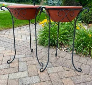 lot 225 image: Two Metal Plant Holders with Plastic Pots