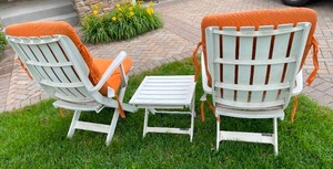 lot 259 image: Two Resin Patio Chairs with Cushions and an Accent Table