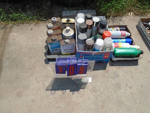 lot 105 image: 3 flats of paint & chemicals. As shown.
