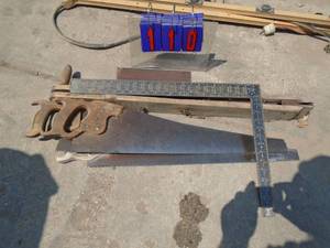 lot 110 image: 3 saws, square & planter. As shown.