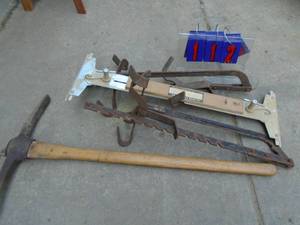lot 112 image: Pick, ladder jacks & stair gauge. As shown.