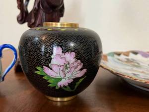 Vintage Cloisonne Vase and Oriental Plate, Tea Pot and Carving