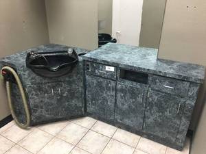 lot 36 image: Salon Station with Sink, Mirror, Light, Cabinet - Measures Approx. 81 x 36 x 33