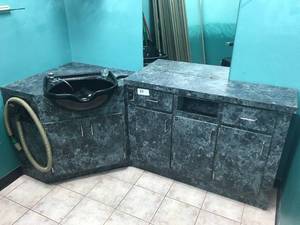 lot 38 image: Salon Station with Sink, Mirror, Light, Cabinet - Measures Approx. 81 x 36 x 33