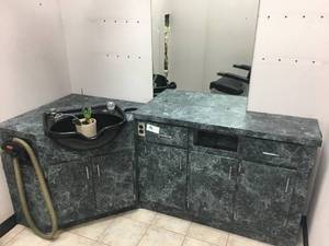 lot 46 image: Salon Station with Sink, Mirror, Light, Cabinet - Measures Approx. 81 x 36 x 33