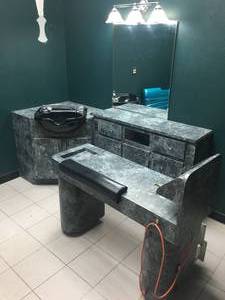 lot 129 image: Salon Station with Sink, Mirror, Light, Cabinet & Pedicure Cart - Station Measures Approx. 81 x 36 x 33