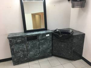 lot 131 image: Salon Station with Sink, Mirror, Cabinet - Measures Approx. 81 x 36 x 33