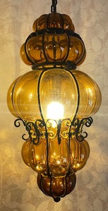 Pair of Vintage Handblown Seguso Murano Amber Caged Glass Hanging Light Fixtures