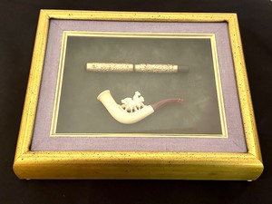 Vintage Shadow Box with Carved Pipe and Gold Colored Pen