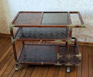 Vintage Asian Style Wood Bar Cart with Brass Accents