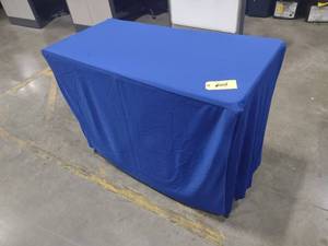 lot 608 image: (8) 4x2 Fitted & Skirted Table Cl...