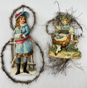 lot 3 image: Antique Victorian Christmas Tinsel and German Scrap Ornaments