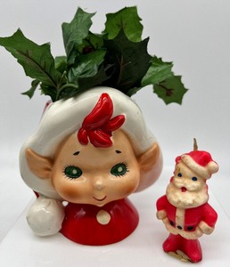 lot 20 image: Vintage Lefton Christmas Pixie Elf Planter Head Vase & Gurley Santa Candle