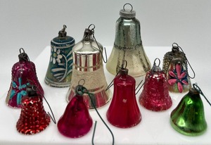 lot 26 image: Vintage Antique Glass Christmas Bell Ornaments - Assorted