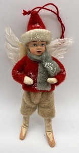 lot 92 image: Vintage Figural Angel Boy Ornament with Feather Wings.
