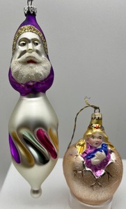 lot 115 image: Pair of Glass Ornaments - Double Sided Santa & Girl in Egg - West Germany