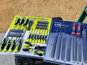 lot 56 image: Lot of (2) Tool Sets (New) - Performax 70-pc Ratchet Screwdriver Set, Tool Shop 10-pc File Set