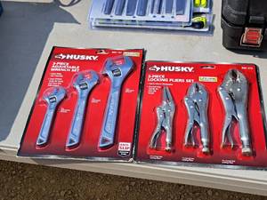 lot 57 image: Lot of (2) Husky Tool Sets (New) - 3-piece Adjustable Wrench Set, 3-piece Locking Pliers Set