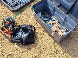 lot 85 image: 23 Plastic Tool Box with Jumper Cables, Sockets, Wrenches, Misc. Tools