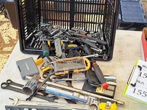 lot 153 image: Plastic Basket with Various Wrenches, Ratchets, Sockets, Tape Measures, Pliers, Misc. Hand Tools