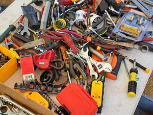 lot 155 image: Hand Tools - Wrenches, Screwdrivers, Sockets, Bore Bits, Hole Saws, Door Lock Set, Square, Misc. Tools and Hardware