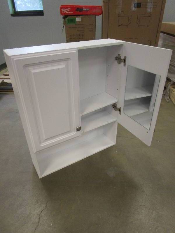 lot 700 image: Glacier Bay 23-18 in. W x 27-78 in. H Framed Surface-Mount Bathroom Medicine Cabinet in White (MISSING SHELF PEGS, CORNER DAMAGE, BACK IS CRACKED, SEE PHOTOS)