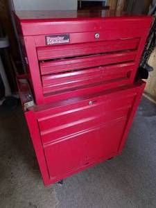 Red tool cabinet on wheels and Tools