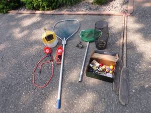 Fishing lot with Oars, nets, Minnow bucket and supplies