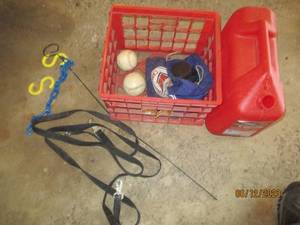 lot 96 image: Plastic milk crate with softballs a...