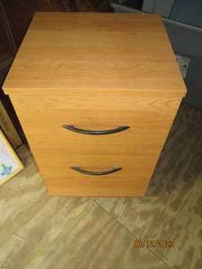 lot 115 image: Wood 2-drawer filing cabinet on whe...