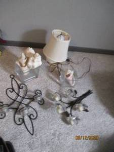 lot 155 image: Waterford Crystal lamp, Metal and Glass Candle Wall sconces, glass vases