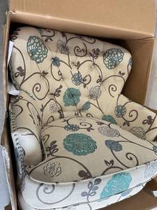 lot 93 image: Noble House Tafton White and Blue Floral Fabric Tufted Club Chair
