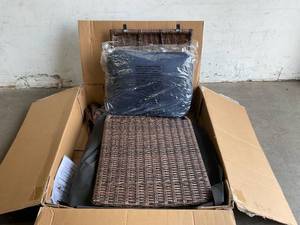 lot 108 image: Hampton Bay Cambridge Brown Wicker Outdoor Patio Lounge Chair with CushionGuard Midnight Navy Blue Cushions