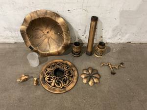 lot 122 image: Evergreen Bird on Branch Gold Finish Solar Plastic Birdbath