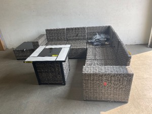 lot 11 image: Tahoe Grey 9-Piece Wicker Swivel Rocking Outdoor Patio Conversation Sofa Set with a Fire Pit and Denim Blue Cushions