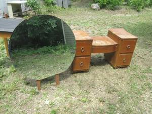 lot 131 image: Vintage Wood Vanity with Round Mirr...