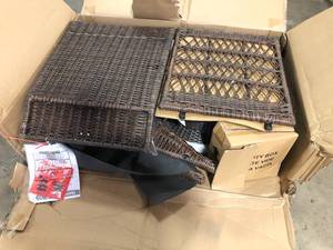 lot 16 image: Hampton Bay Cambridge Brown Wicker Outdoor Patio Swivel Rocking Chair with CushionGuard Midnight Navy Blue Cushions open Box  Customer Returns See Pictures