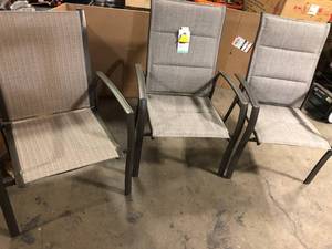 lot 24 image: Lot of Home Decorators Collection Mix and Match Aluminum Brown Stackable Outdoor Patio Dining Chair in Sunbrella Elevation Stone Sling  Customer Returns See Pictures