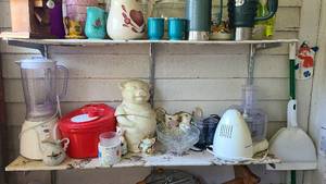 lot 154 image: Shelves full of glassware, mugs and...