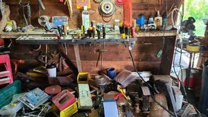lot 107 image: Workshop table lot, everything pict...