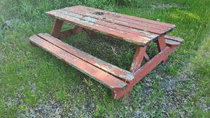 lot 102 image: Weathered but sturdy picnic table and small garden setup