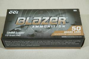 lot 124 image: 50 CCI Blazer Brass 9mm Luger 115 Gr FMJ Ammo