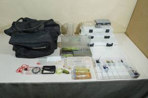 lot 155 image: Soft Sided Fishing Tackle Box with Assorted Inserts and Tackle