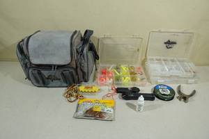 lot 156 image: Soft Sided Fishing Tackle Box with Assorted Inserts and Tackle