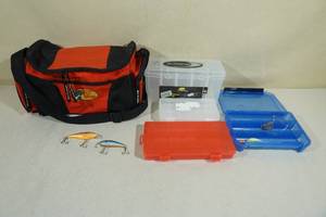lot 157 image: Soft Sided Fishing Tackle Box with Assorted Inserts and Tackle