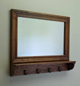Wooden Wall Mirror with Hooks