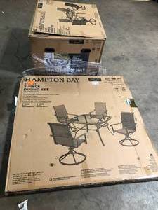 Hampton Bay Ashbury Pewter 5-Piece Steel Padded Sling Square Glass Top Outdoor Dining Set Customer Returns See Pictures