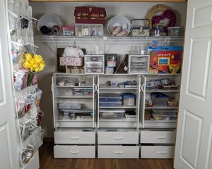 lot 8 image: Crafters Paradise Storage Cabinets, Ribbons, Faux Flowers, Crafting Tools, Art Supplies, and SO MUCH MORE