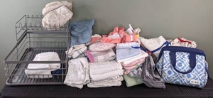 lot 44 image: Kitchen Linens, Dish Drying Rack and Small Cooler