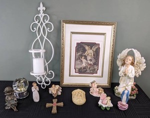 lot 27 image: Religious Decor, Angels, Jesus, Mary, Wall Candle Sconce, Snow Globe and More